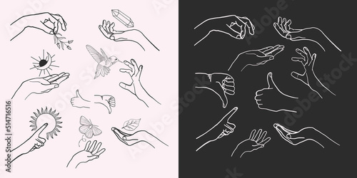 A set of Woman's hand icon collections in a minimal linear style. Vector logo design Templates with different hand gestures, Crystal. For cosmetics, beauty, tattoo, Spa, feminine, and jewelry stores.