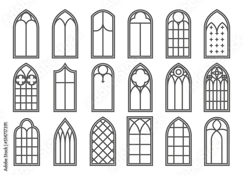 Church medieval windows set. Old gothic style architecture elements. Vector outline illustration on white background.