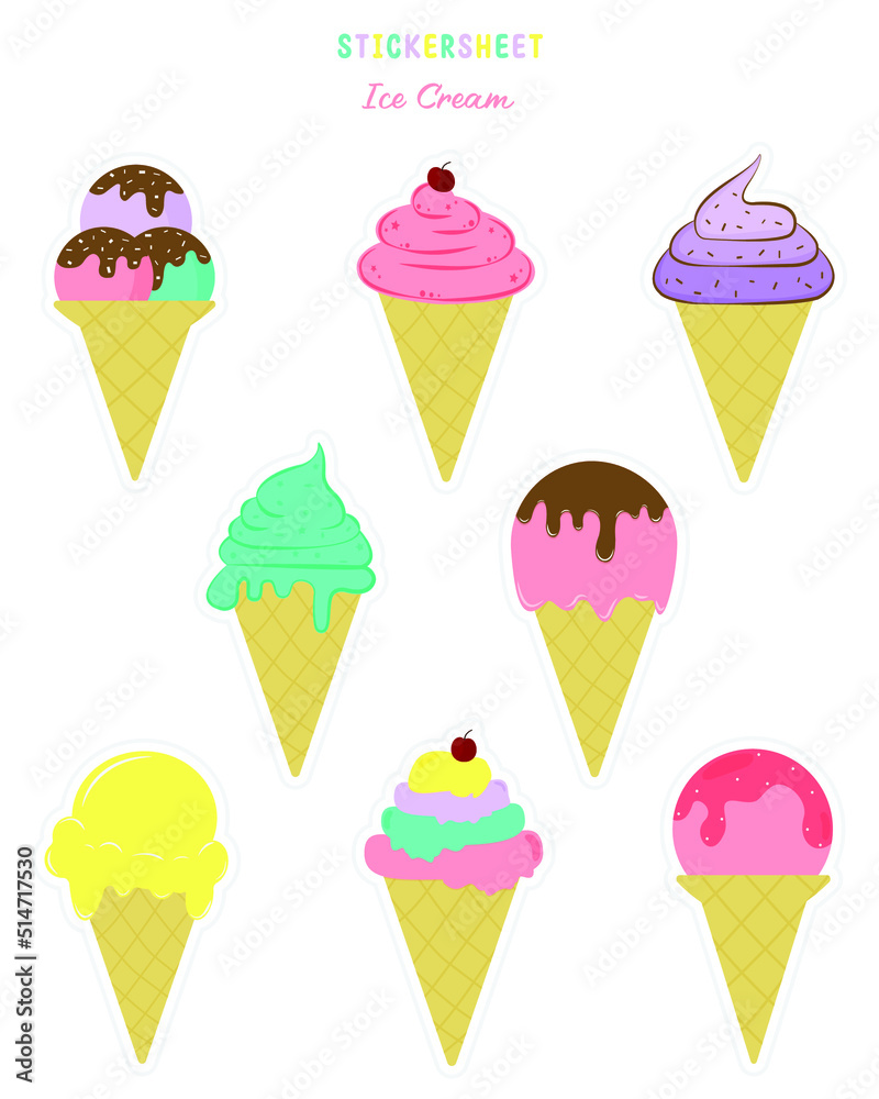 Set of Ice cream sticker sheet. Bullet journal stickers, planner, scrapbook stickers and Ice cream stickers design. Set of Ice cream sticker sheet. Bullet journal stickers, planner, scrapbook stickers and Ice cream stickers design.