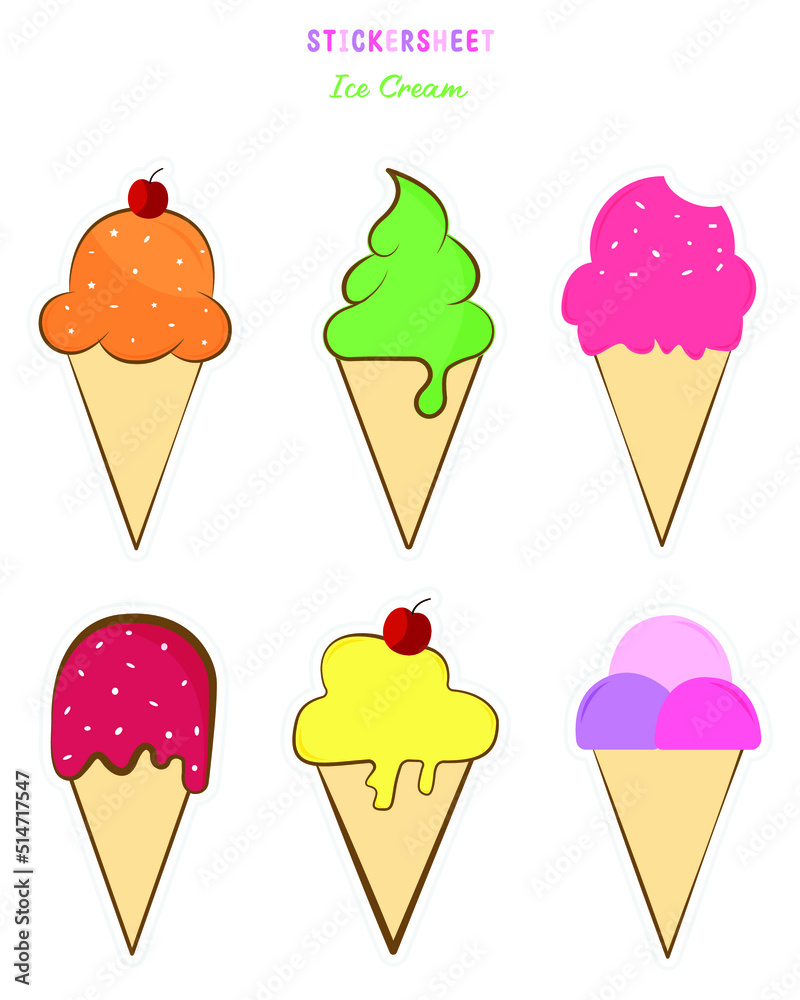 Set of Ice cream sticker sheet. Bullet journal stickers, planner, scrapbook stickers and Ice cream stickers design. Set of Ice cream sticker sheet. Bullet journal stickers, planner, scrapbook stickers and Ice cream stickers design.