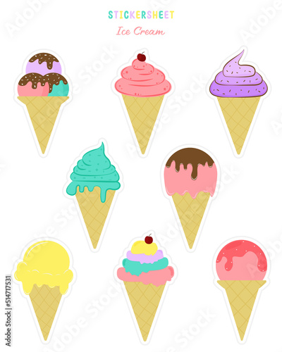 Set of Ice cream sticker sheet. Bullet journal stickers, planner, scrapbook stickers and Ice cream stickers design.