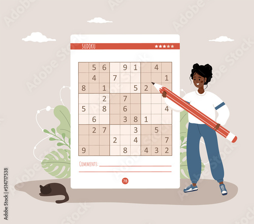 Sudoku game. African woman with giant pencil solves crossword puzzle. Learning and leisure concept. Task for development of logical thinking and training brain. Vector illustration in cartoon style.
