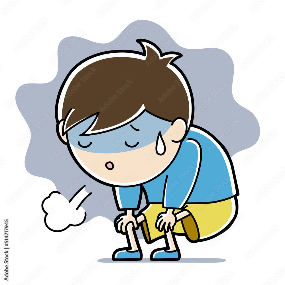 It is an illustration of a boy who is tired from heat stroke. It is an illustration of a boy who is tired from heat stroke.