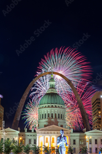 4th of July Independence Day Celebration Fireworks over Famous Gateway Arch of Saint Louis, with Court House Building in the foreground, St Louis, Missouri, USA