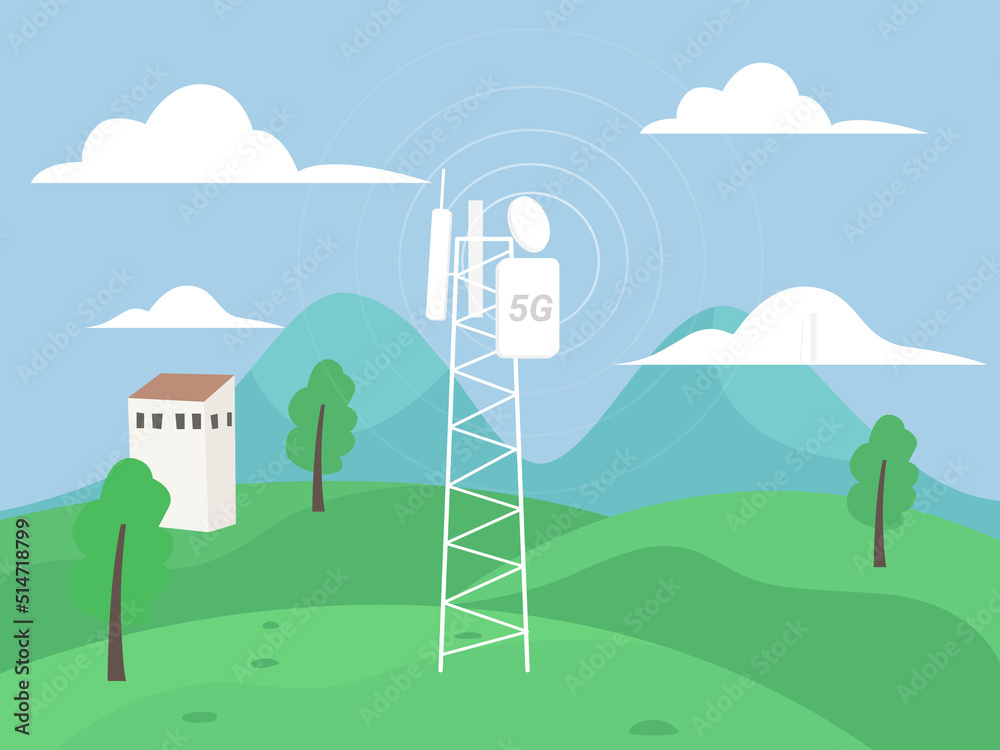 Telecommunication tower with copy space on the field, Digital wireless connection 5G concept