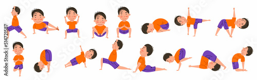 Set of poses for children s yoga. Asian boy is doing yoga. Children perform various sports exercises. Vector illustration in a flat style.