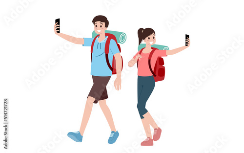Group of young tourist characters. Traveling tourists with travel backpack going on vacation trip after covid-19 virus was diminish. Vacation people isolated vector. Summer character  woman and man.