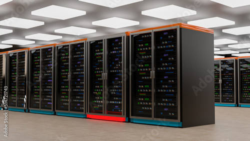 Servers. Servers room data center. Backup, mining, hosting, mainframe, farm and computer rack with storage information. 3d rendering