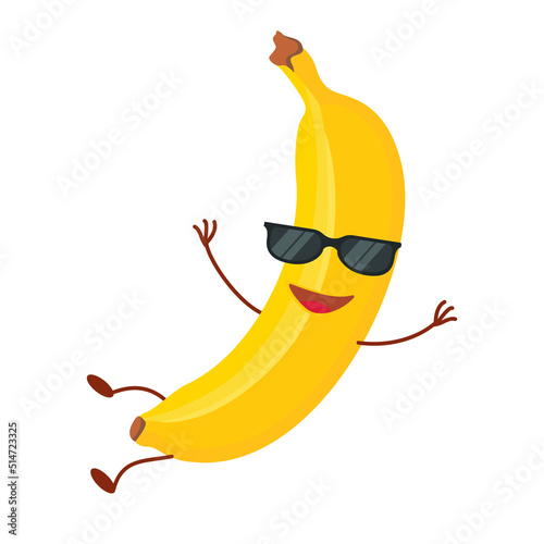 Cute banana characters in sunglasses. Funny food vector illustration. Happy fruit and berry. Flat vector illustration.