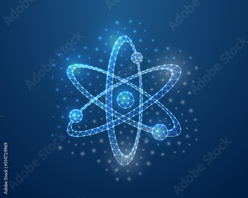 Atom 3d symbol in blue low poly style. Atomic neutron, nuclear design concept vector illustration. Model of molecule polygonal wireframe.