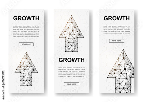 Set of three Up arrow polygonal vertical banners. 3d Growth low poly symbols with connected dots. Vertical illustration for homepage design.