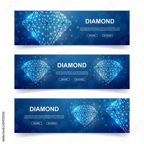 Set of three Diamond horizontal banners. Horizontal illustration for homepage design, promo banner. Jewelry low poly symbols with connected dots