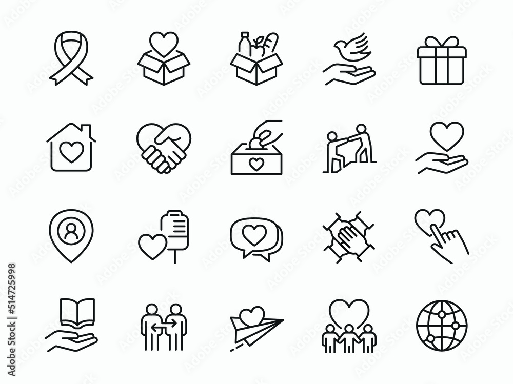 Charity, Kindness, Donation and Raise Money related icon set - Editable stroke, Pixel perfect at 64x64 - obrazy, fototapety, plakaty 