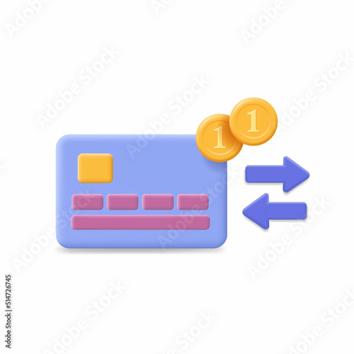 Automatic payment icon. mobile finacial transaction, credit card, arrows and money transfer concept. 3d, cartoon illustration