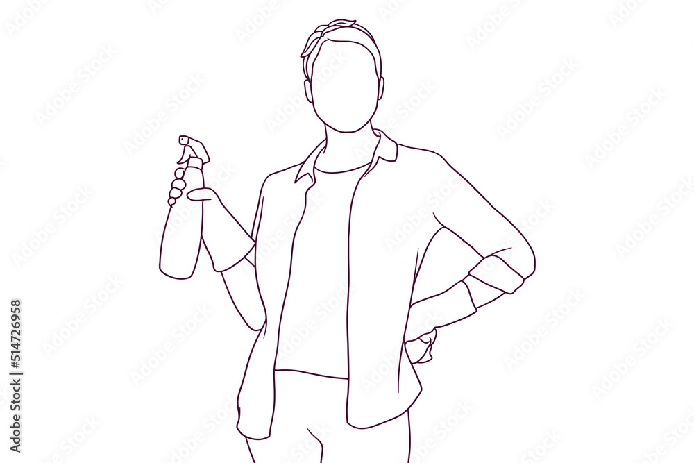 Housewife posing while hold a towel and bottle spray. house cleaning concept. hand drawn style vector illustration