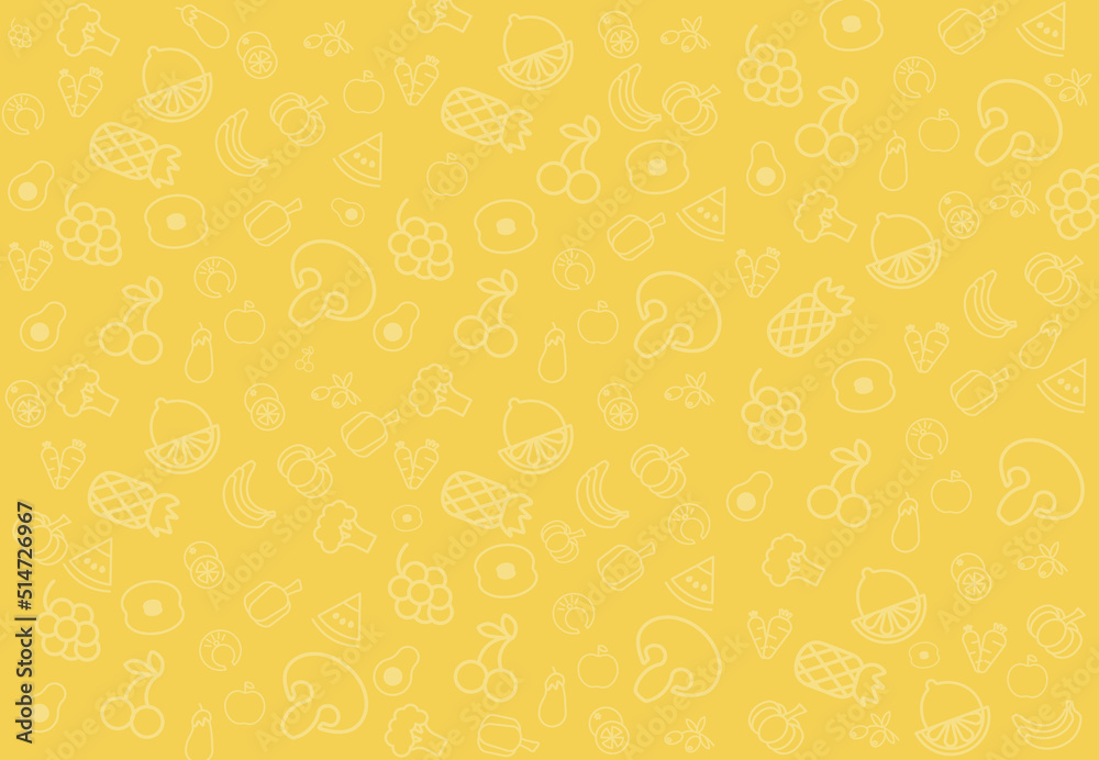 yellow, fruity, simple pattern of delicious, fresh fruits and vegetables drawn in outline
