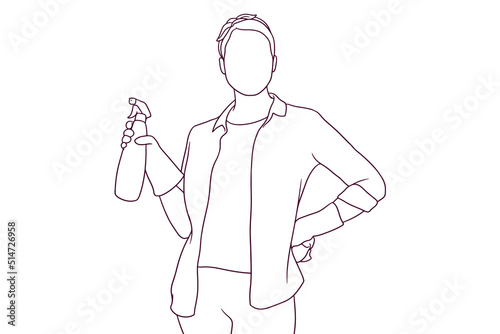 Housewife posing while hold a towel and bottle spray. house cleaning concept. hand drawn style vector illustration