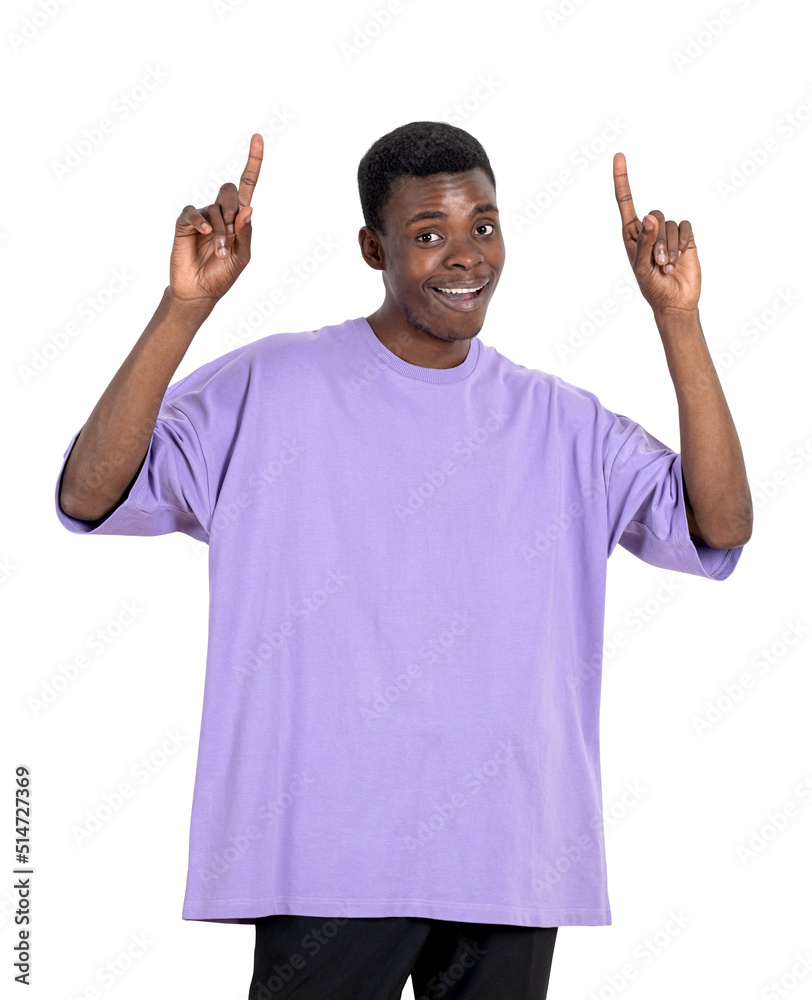 African happy man with fingers pointing up, isolated over white background African happy man with fingers pointing up, isolated over white background