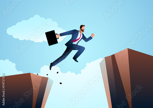 Businessman jumps over the ravine