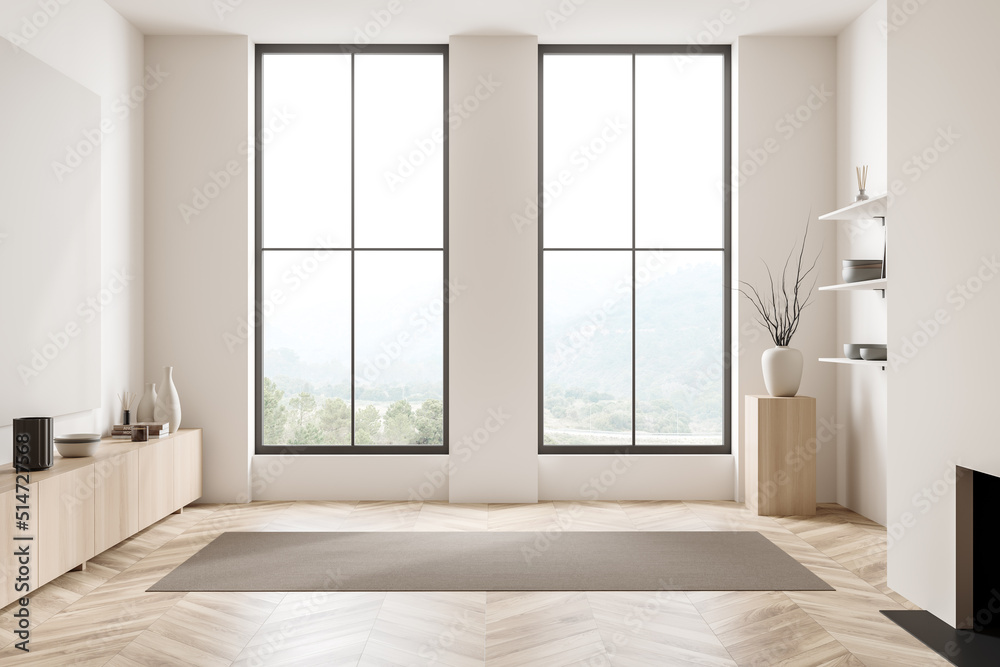 Fototapeta premium Light exhibition room interior with drawer, panoramic window and mockup frame