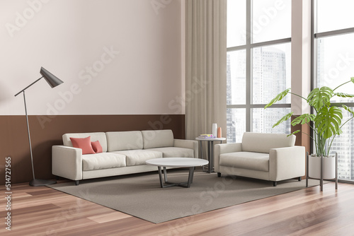 Chill room interior with couch and armchair  panoramic window. Mockup