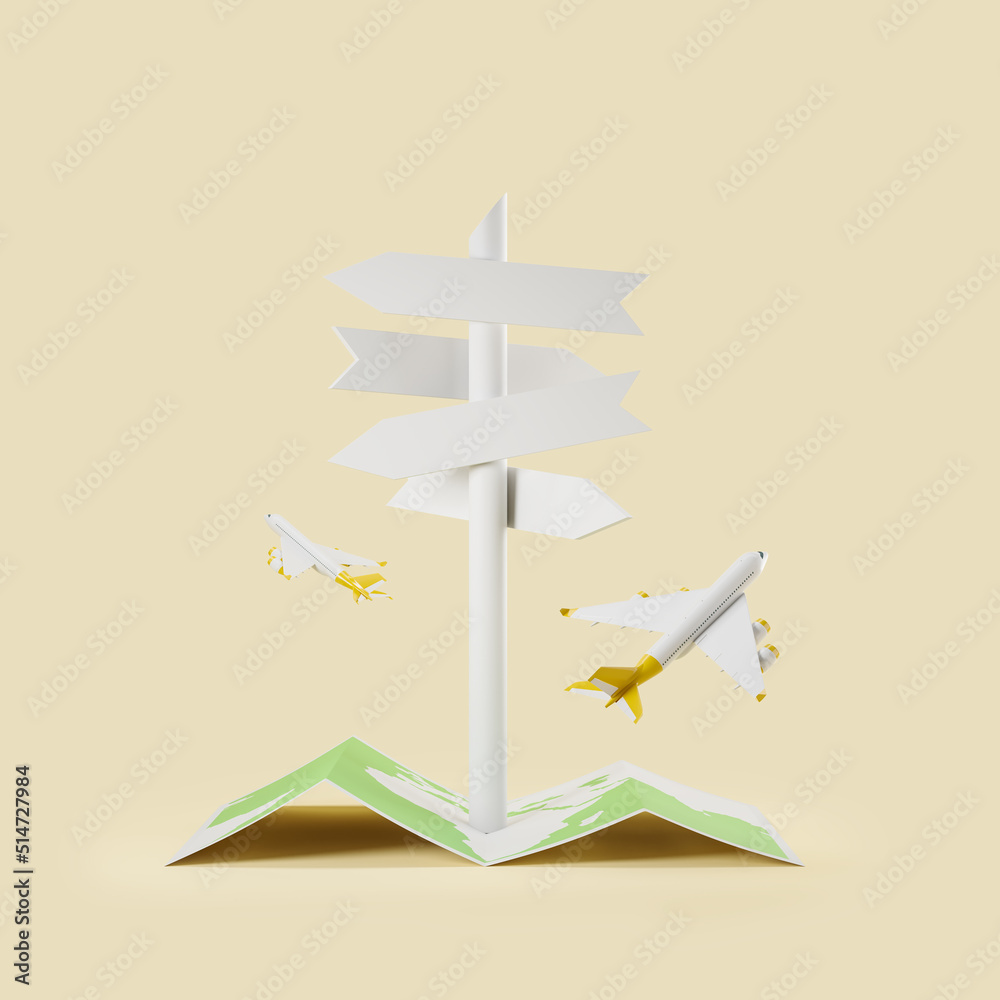 Airplanes, earth map and direction sign mockup copy space Airplanes, earth map and direction sign mockup copy space