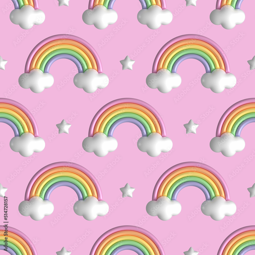 Cute cartoon style 3D rendering seamless pattern background with rainbows, clouds and stars for kids, children party design.
Cute cartoon style 3D rendering seamless pattern background with rainbows, clouds and stars for kids, children party design.