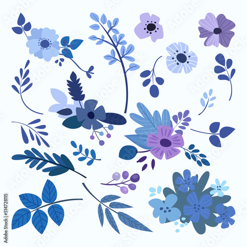 vector illustration of leaf and flower collection in cute cartoon style
