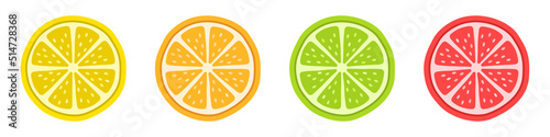 Fruit slices. Pieces of citrus. Lemon, orange, lime and grapefruit. Vector illustration