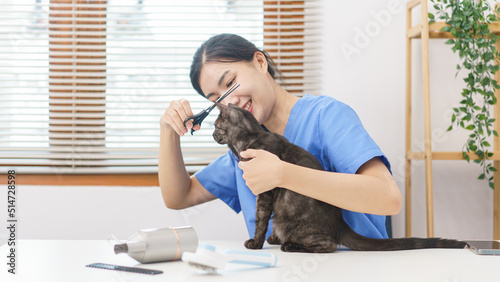 Pet salon concept, Female veterinarian using scissors to trim fur of cat in the salon photo