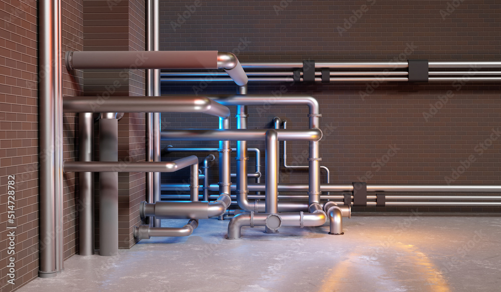 Industrial pipes. Pipeline inside brick factory. Steel pipeline near wall. Concept of pipe in chemical factory. Equipment for chemical production. Engineering pipes system factory. 3d image.