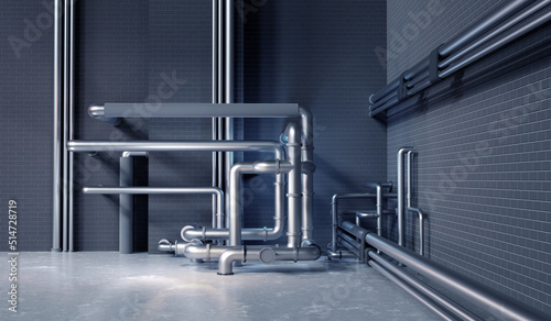 Water pipes. Lots of steel pipes against wall. Room with plumbing and communications. Tangled sewer pipeline. Background for engineering banner. Plumbing equipment for enterprise. 3d rendering.
