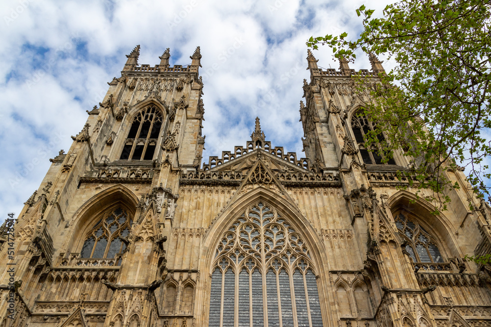 Close up exterior front view of The Cathedral and Metropolitical Church of Saint Peter, more commonly known as York Minster, in the city of York, England