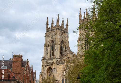 Close up exterior front view of The Cathedral and Metropolitical Church of Saint Peter, more commonly known as York Minster, in the city of York, England