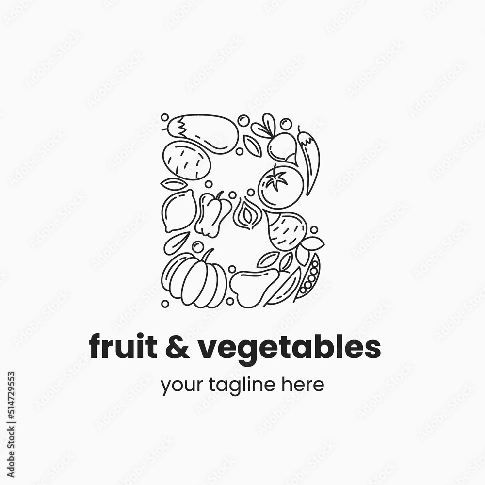 Letter B made of fruit and vegetables. Organic food logo concept. Stock vector illustration.