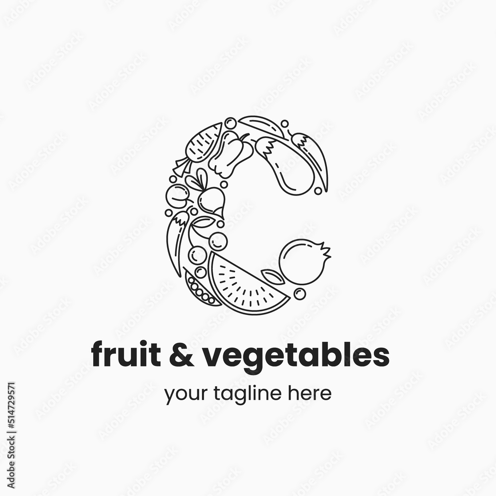 Letter C made of fruit and vegetables. Organic food logo concept. Stock vector illustration.