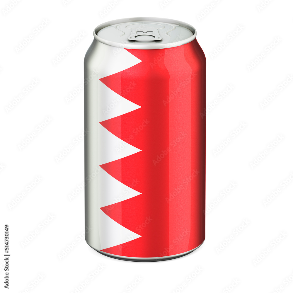 Bahraini flag painted on the drink metallic can. 3D rendering Bahraini flag painted on the drink metallic can. 3D rendering