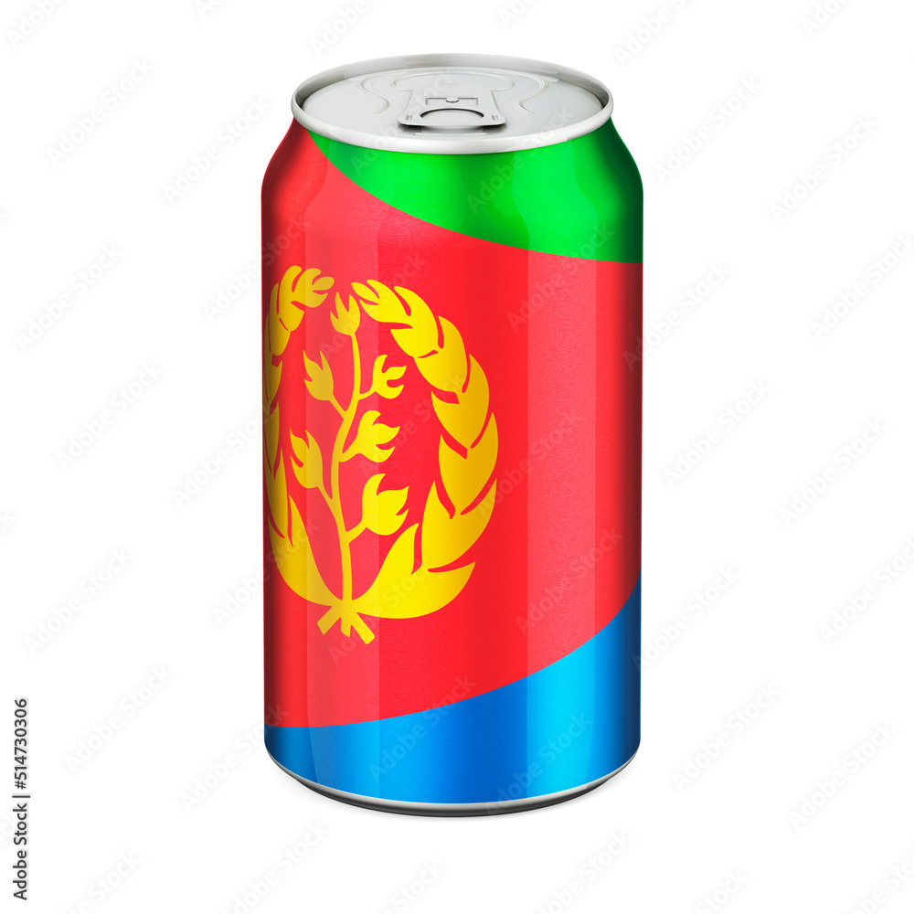 Eritrean flag painted on the drink metallic can. 3D rendering Eritrean flag painted on the drink metallic can. 3D rendering