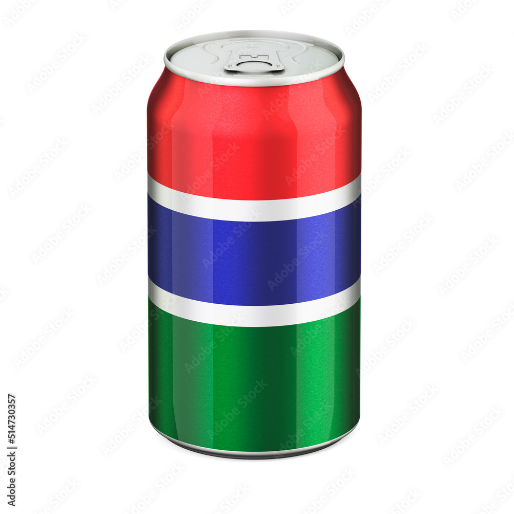 Gambia flag painted on the drink metallic can. 3D rendering Gambia flag painted on the drink metallic can. 3D rendering