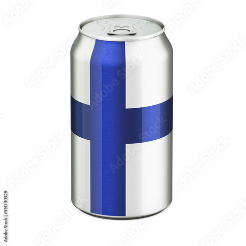 Finnish flag painted on the drink metallic can. 3D rendering