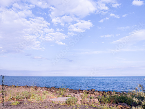 View to sea, sky with clouds and grass on the shore