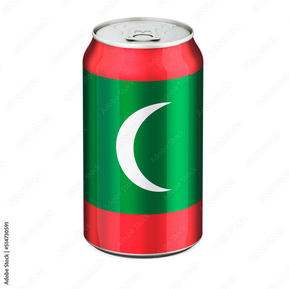 Maldivian flag painted on the drink metallic can. 3D rendering Maldivian flag painted on the drink metallic can. 3D rendering