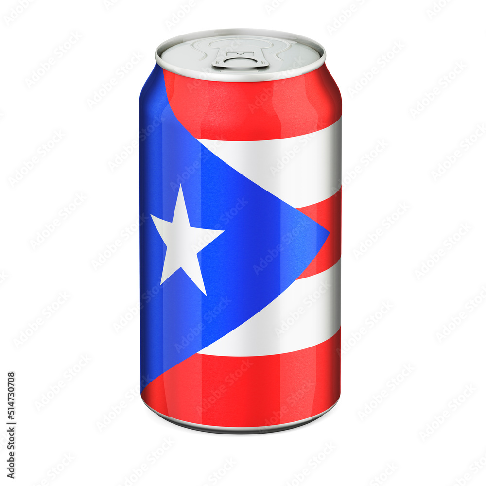 Puerto Rican flag painted on the drink metallic can. 3D rendering Puerto Rican flag painted on the drink metallic can. 3D rendering