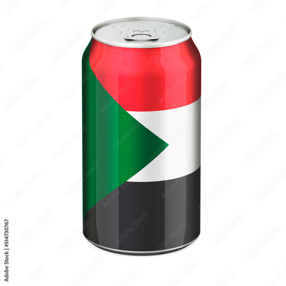 Sudanese flag painted on the drink metallic can. 3D rendering Sudanese flag painted on the drink metallic can. 3D rendering