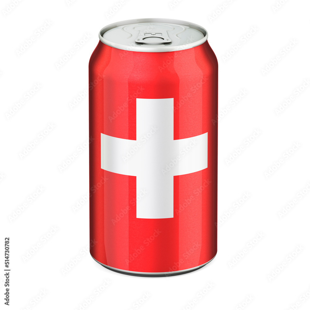 Swiss flag painted on the drink metallic can. 3D rendering Swiss flag painted on the drink metallic can. 3D rendering