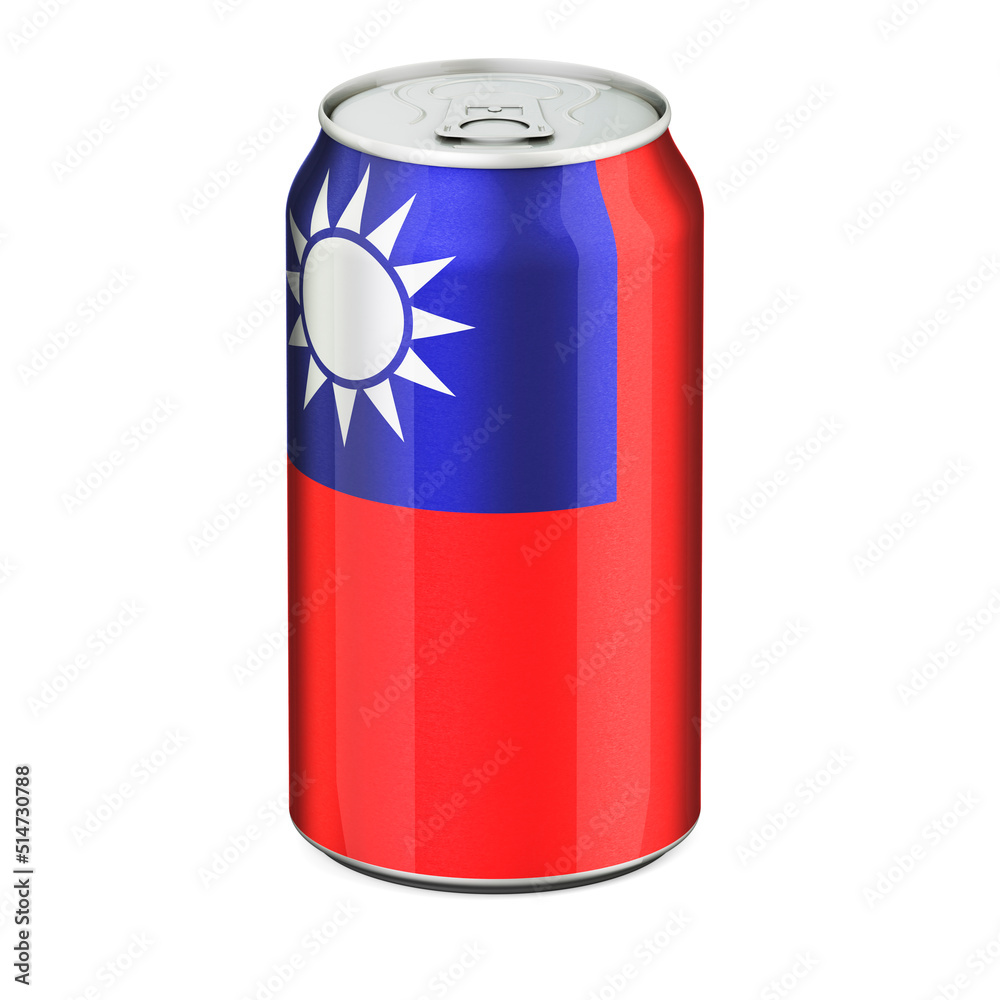 Taiwanese flag painted on the drink metallic can. 3D rendering Taiwanese flag painted on the drink metallic can. 3D rendering