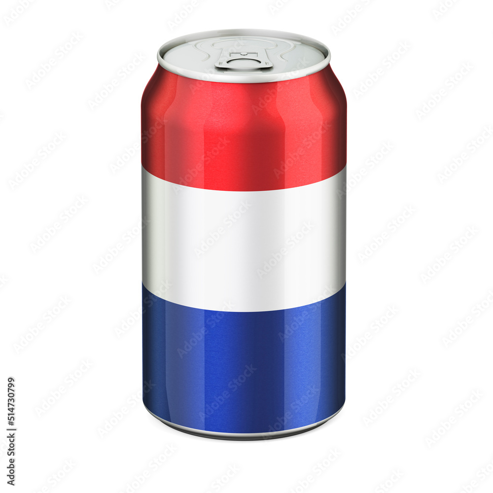 The Netherlands flag painted on the drink metallic can. 3D rendering The Netherlands flag painted on the drink metallic can. 3D rendering