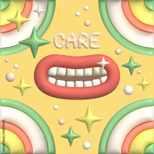 set of teeth, oral care 3d cartoon, smiling with gold teeth, dental templates 