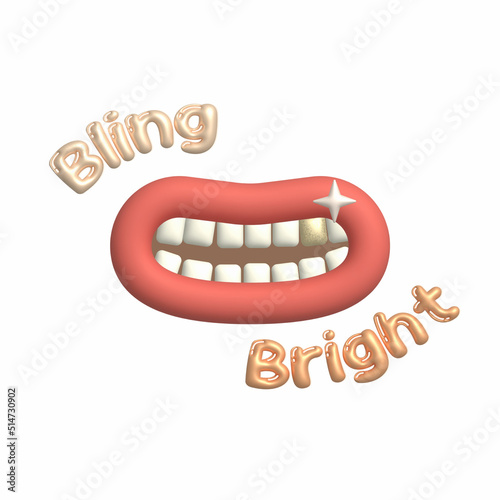 set of teeth, oral care 3d cartoon, smiling with gold teeth, bling and bright 