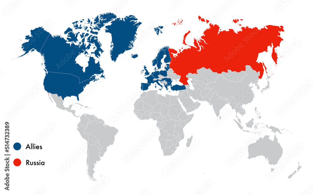 Fototapeta mapa świata dla dzieci World map of Russia and NATO allies ...